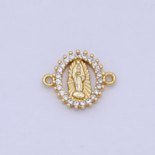 Gold oval virgin mary sunburst connector, 24k gold filled clear micro pave cz oval lady of guadalupe religious medallion connector | g-912