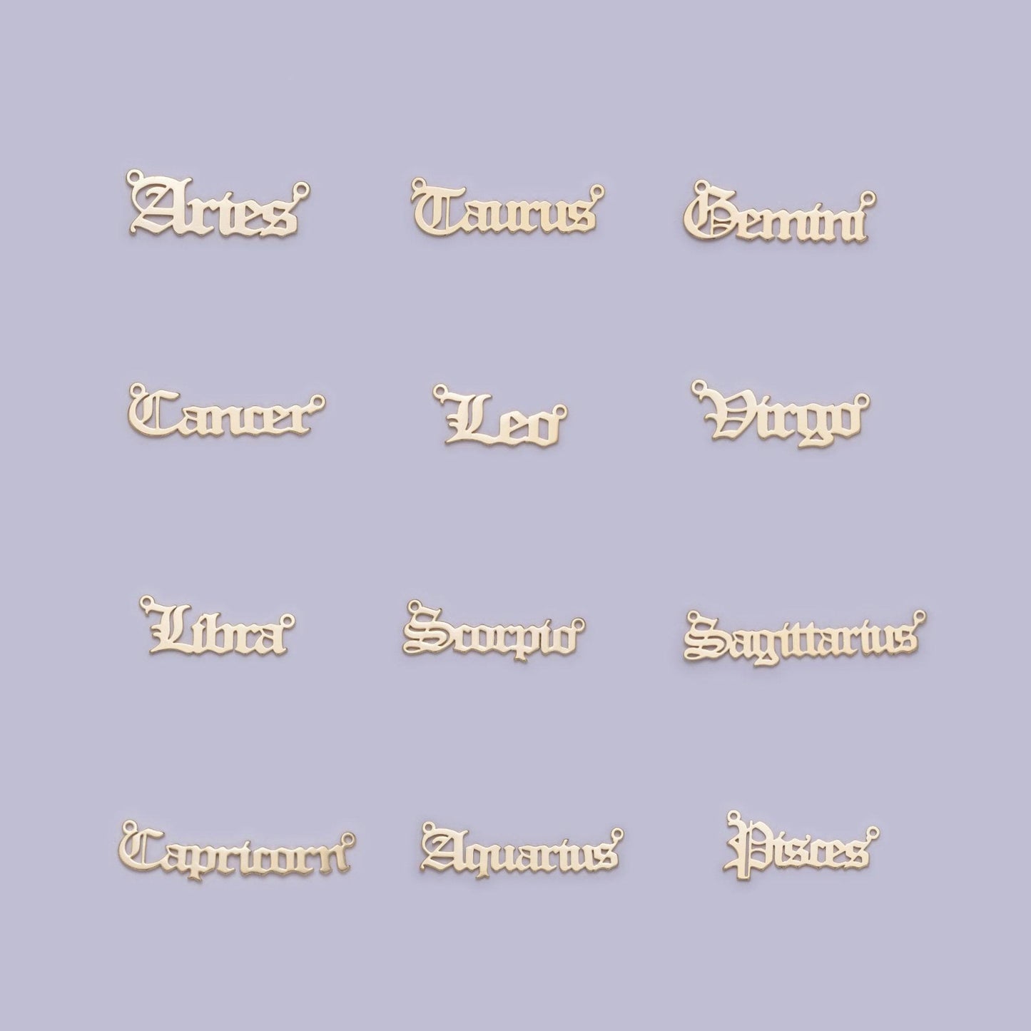 14k gold filled old english font astrology zodiac charms connector for necklace bracelet link, personalized jewelry wholesale a1725--1730
