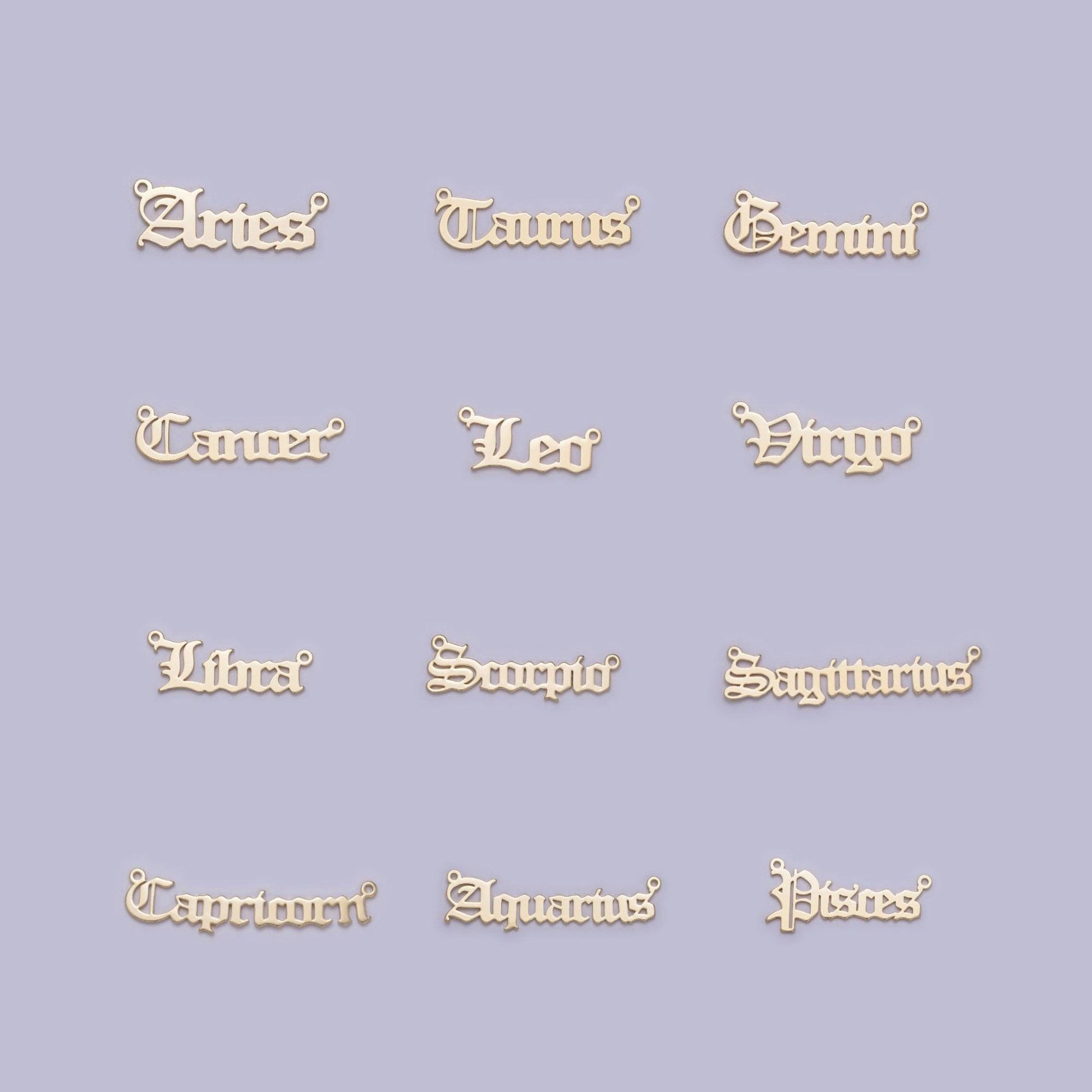14k gold filled old english font astrology zodiac charms connector for necklace bracelet link, personalized jewelry wholesale a1725--1730