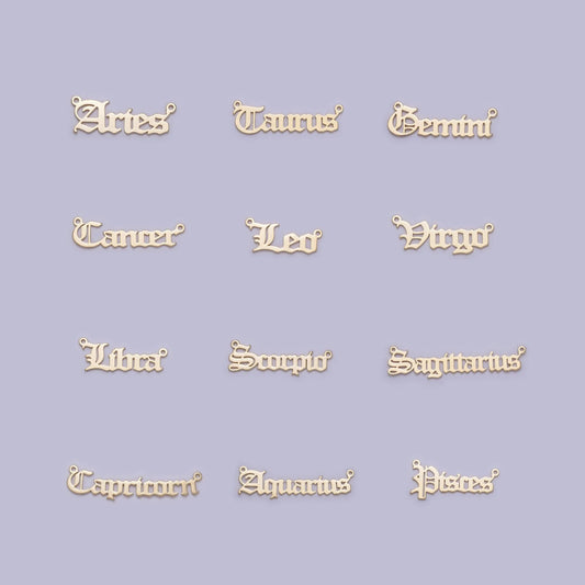 14k gold filled old english font astrology zodiac charms connector for necklace bracelet link, personalized jewelry wholesale a1725--1730