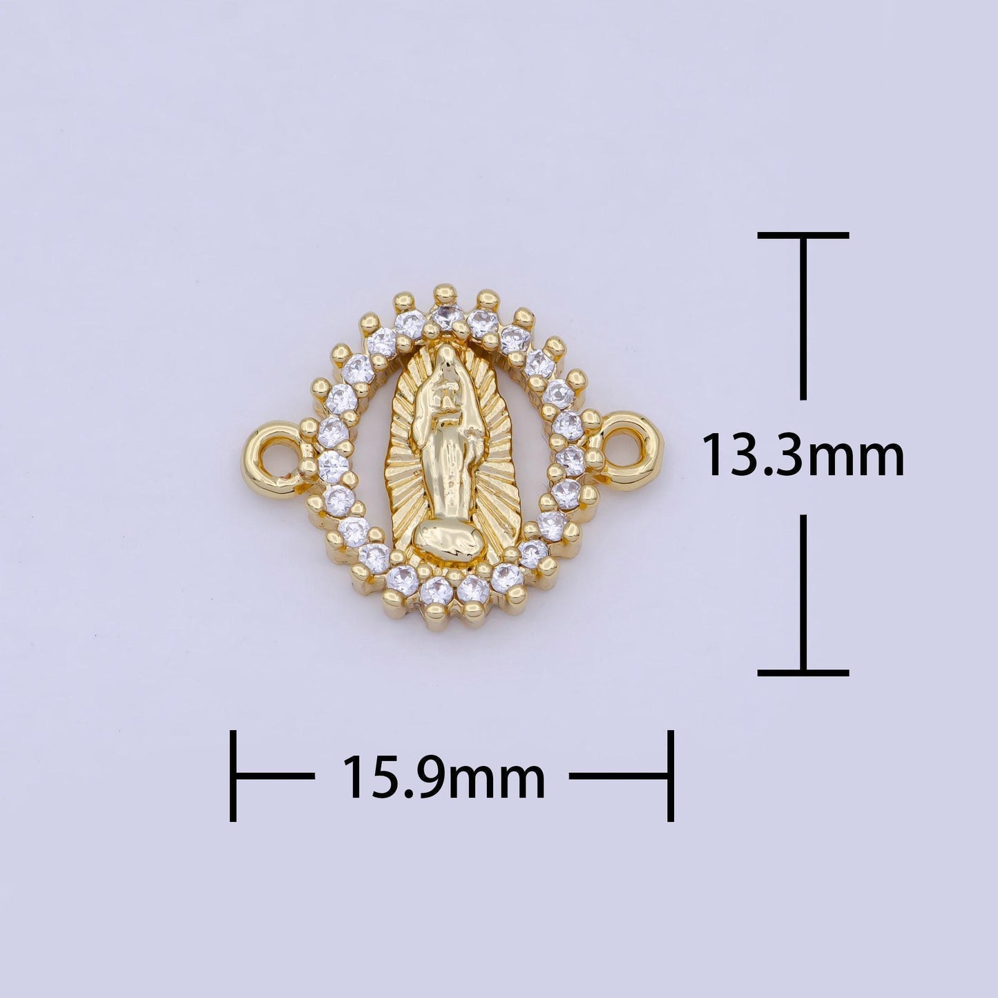 Gold oval virgin mary sunburst connector, 24k gold filled clear micro pave cz oval lady of guadalupe religious medallion connector | g-912