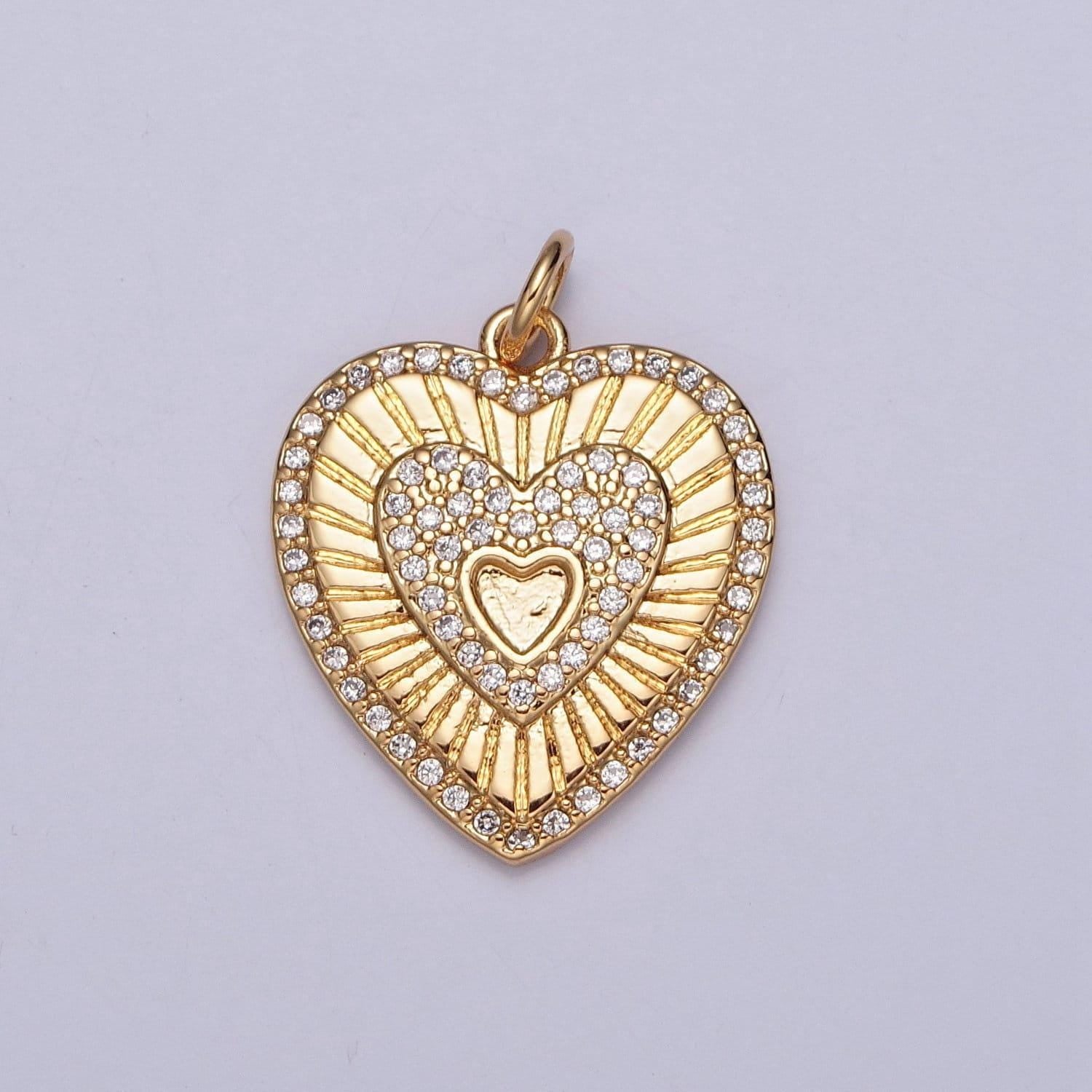 24k gold micro pave cz heart pendant radiant style antique charm sunburst hearts pendant for minimalist jewelry supply | x-130