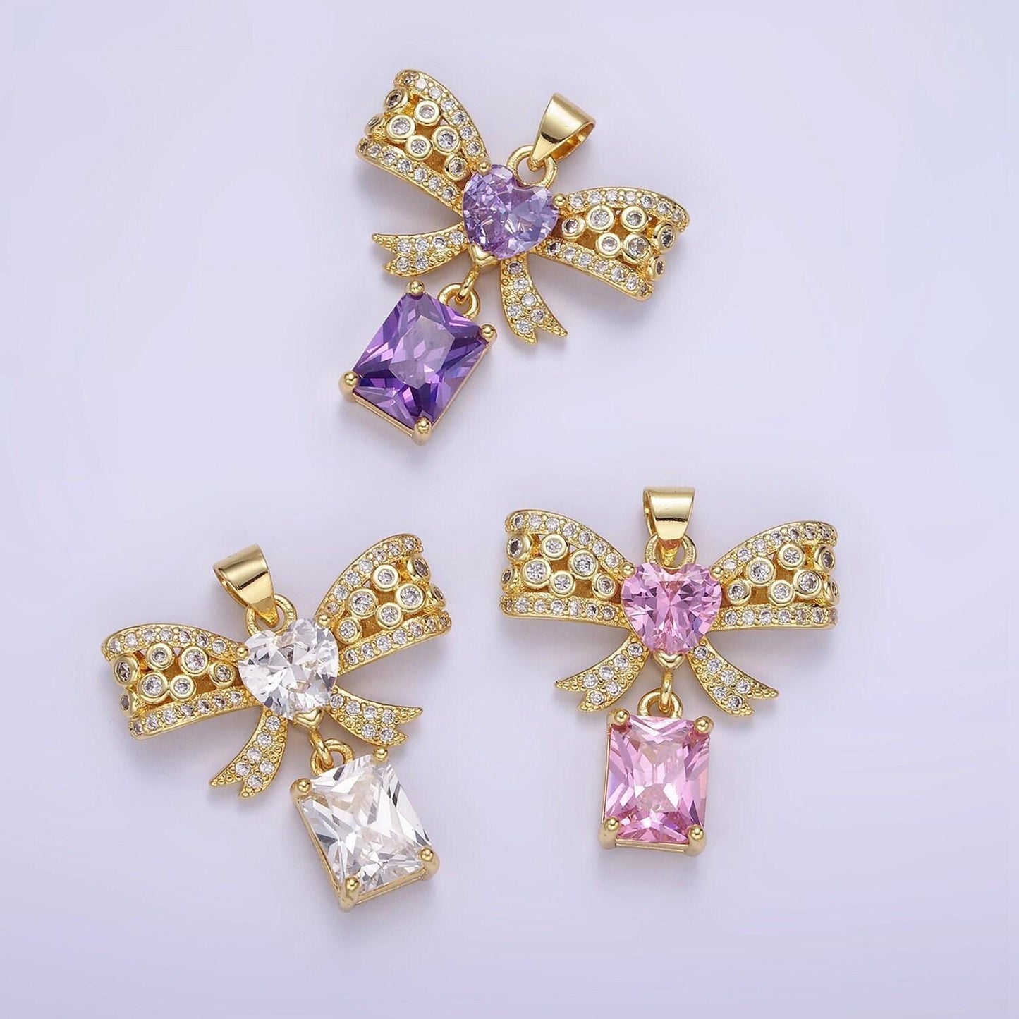 Dainty 14k gold filled ribbon bow charm with heart micro paved cz charm for earring necklace bracelet coquette jewelry component aa1136