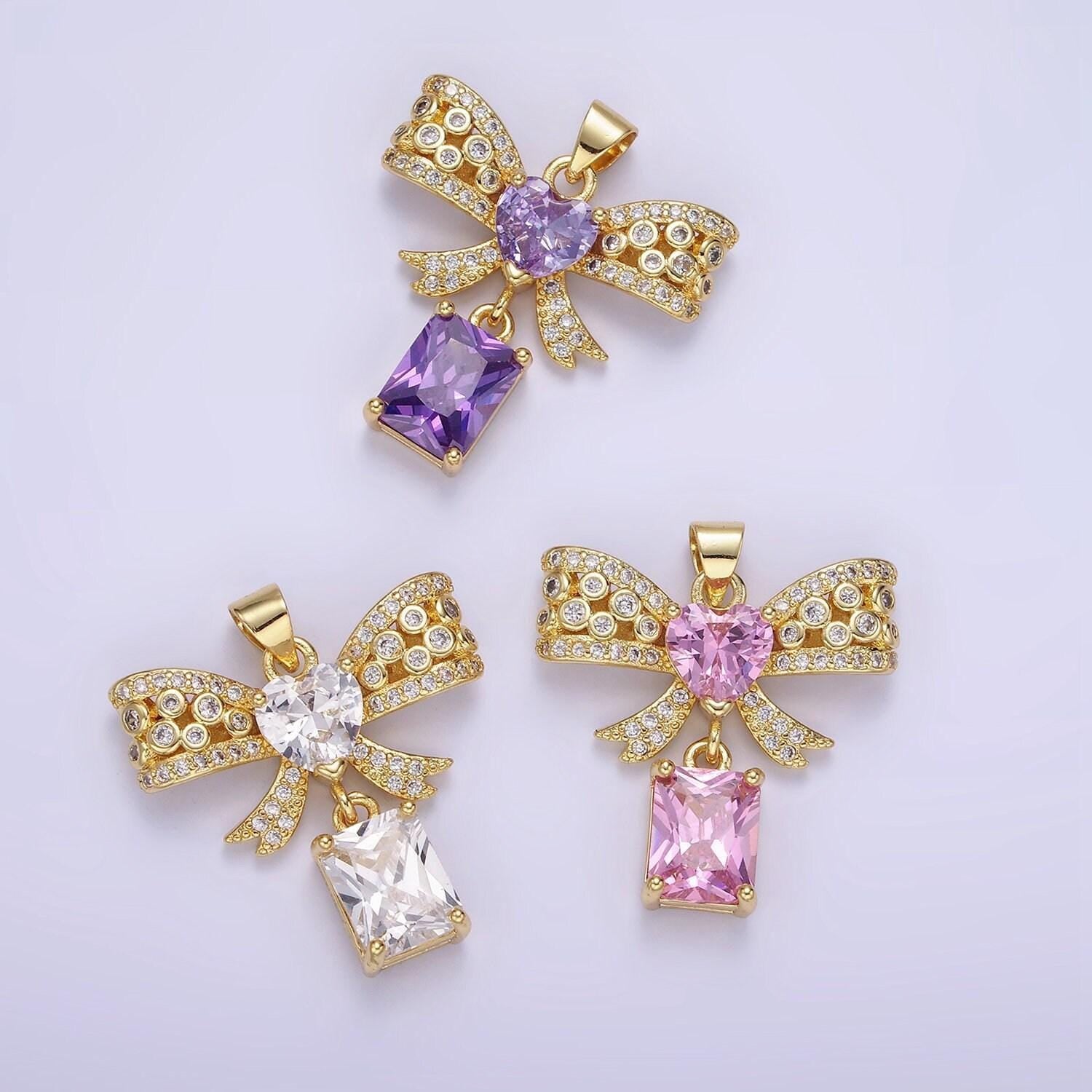 Dainty 14k gold filled ribbon bow charm with heart micro paved cz charm for earring necklace bracelet coquette jewelry component aa1136
