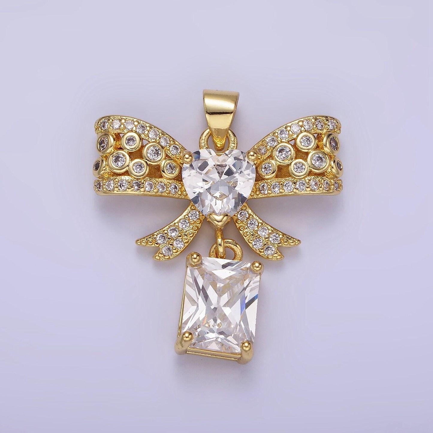 Dainty 14k gold filled ribbon bow charm with heart micro paved cz charm for earring necklace bracelet coquette jewelry component aa1136