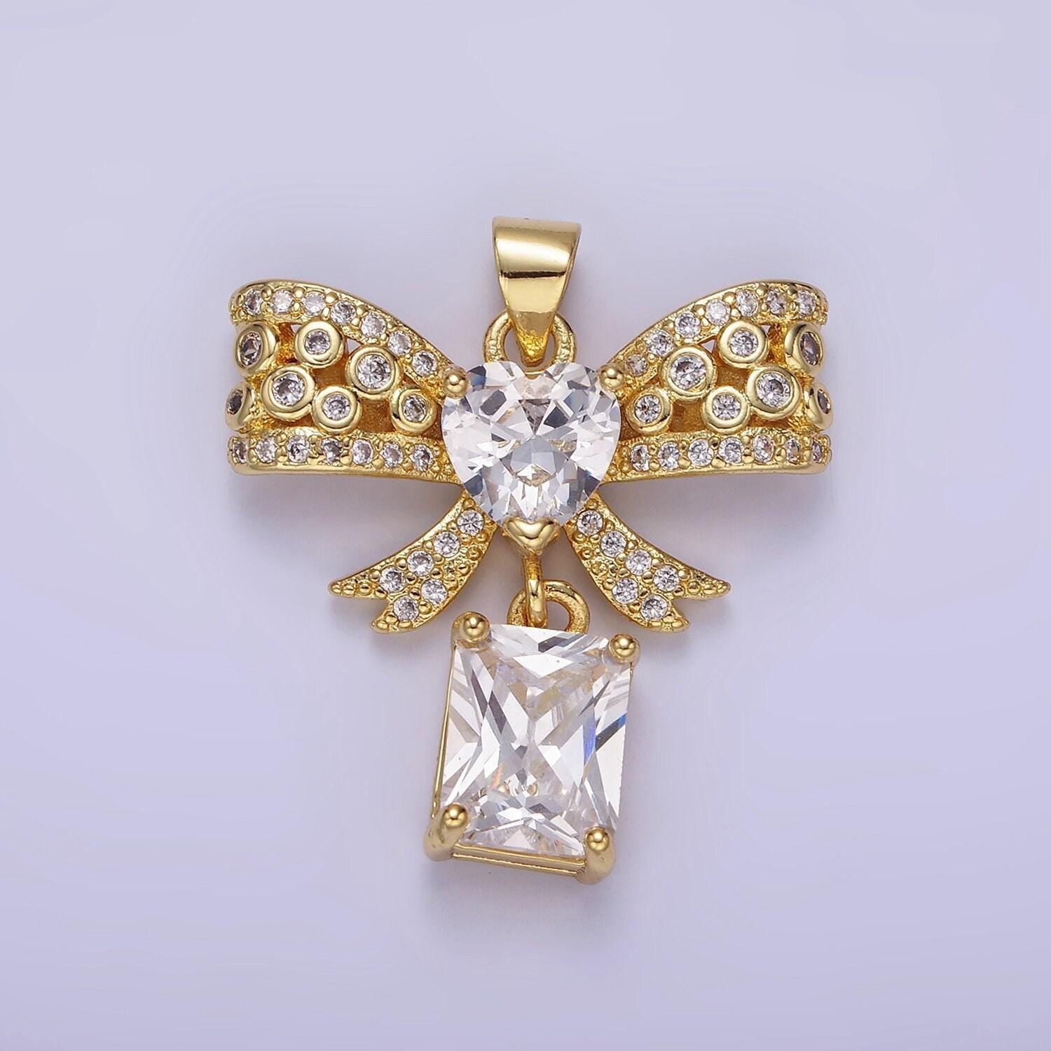 Dainty 14k gold filled ribbon bow charm with heart micro paved cz charm for earring necklace bracelet coquette jewelry component aa1136