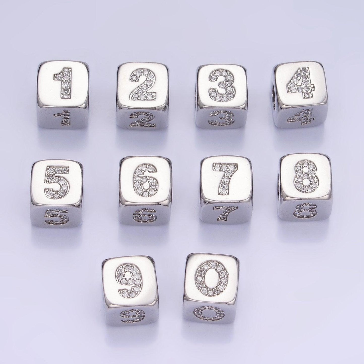 9mm silver initial number beads, 1,2,3,4,5,6,7 beads, arabic number beads micro pave dice block charm for bracelet necklace supply 0-9 year