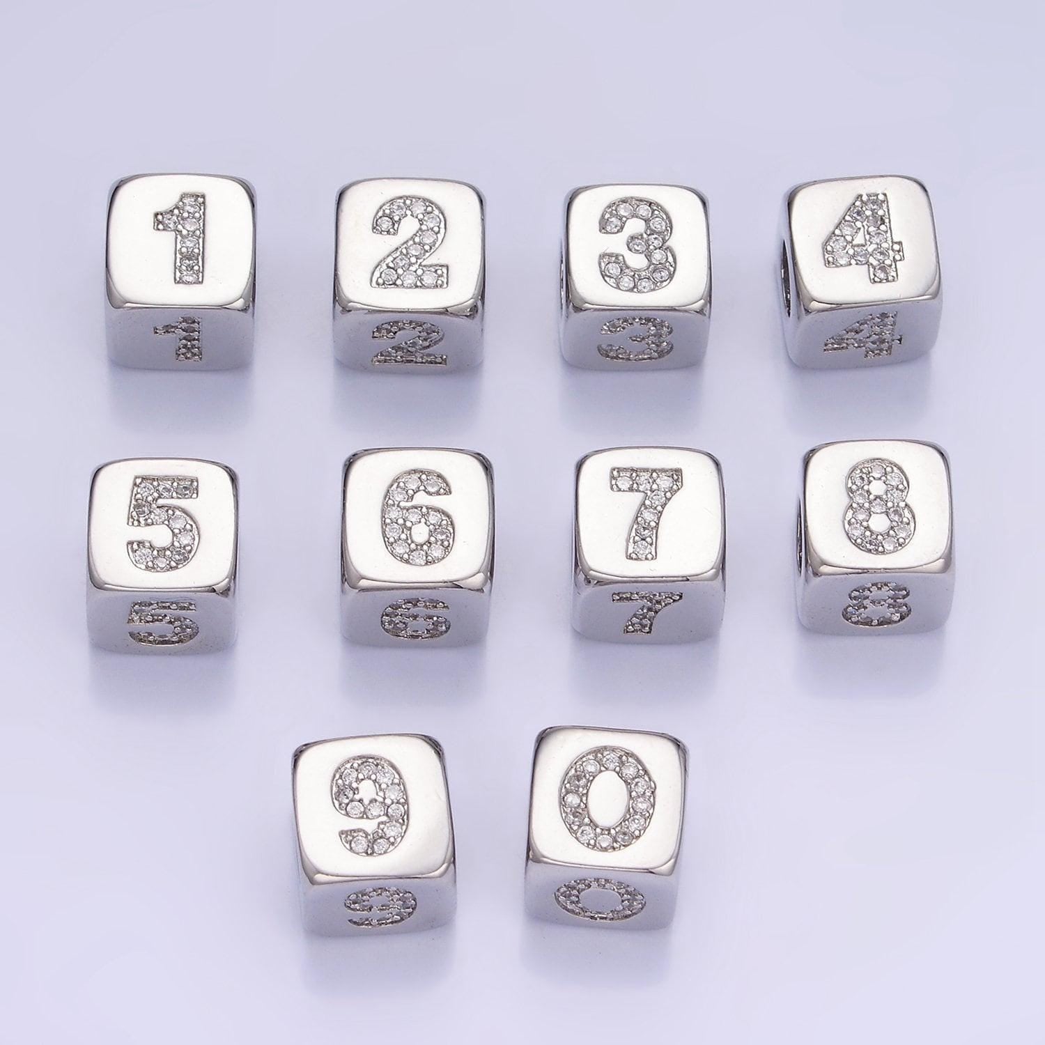 9mm silver initial number beads, 1,2,3,4,5,6,7 beads, arabic number beads micro pave dice block charm for bracelet necklace supply 0-9 year