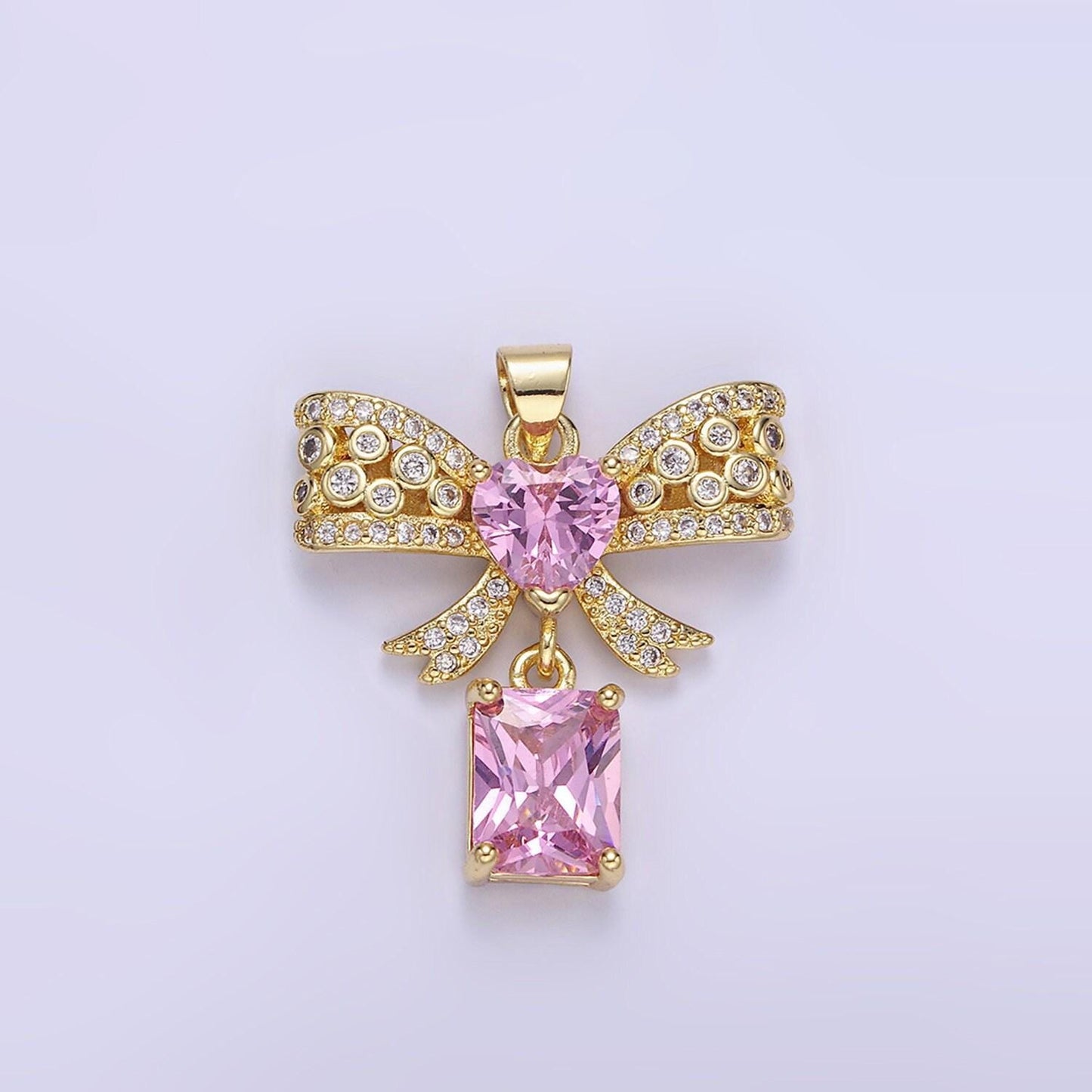 Dainty 14k gold filled ribbon bow charm with heart micro paved cz charm for earring necklace bracelet coquette jewelry component aa1136