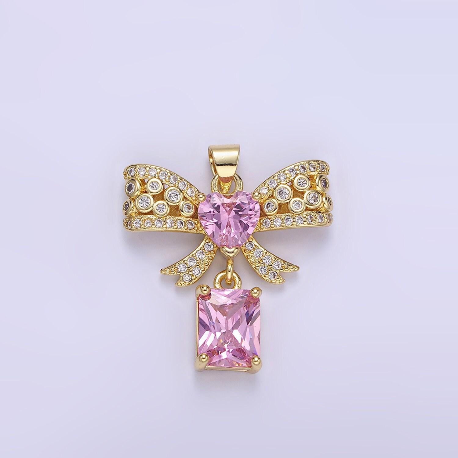 Dainty 14k gold filled ribbon bow charm with heart micro paved cz charm for earring necklace bracelet coquette jewelry component aa1136