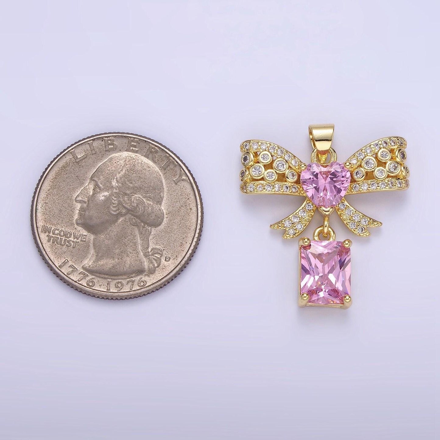 Dainty 14k gold filled ribbon bow charm with heart micro paved cz charm for earring necklace bracelet coquette jewelry component aa1136