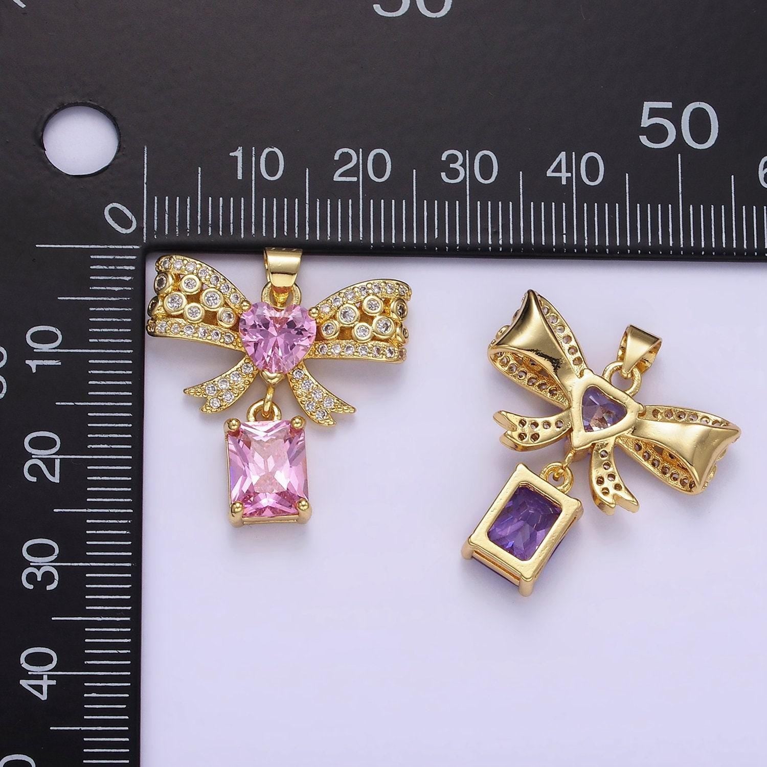 Dainty 14k gold filled ribbon bow charm with heart micro paved cz charm for earring necklace bracelet coquette jewelry component aa1136