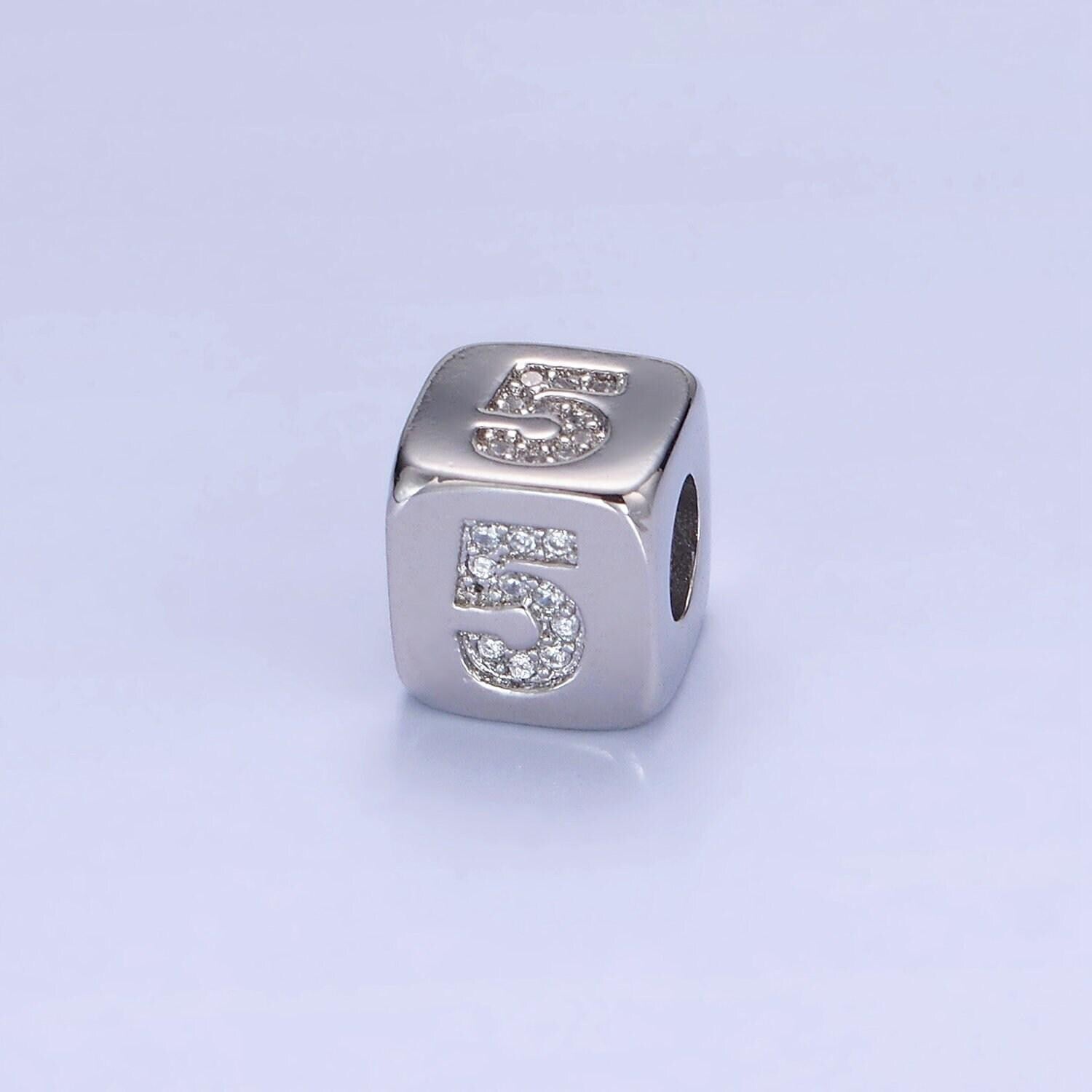 9mm silver initial number beads, 1,2,3,4,5,6,7 beads, arabic number beads micro pave dice block charm for bracelet necklace supply 0-9 year
