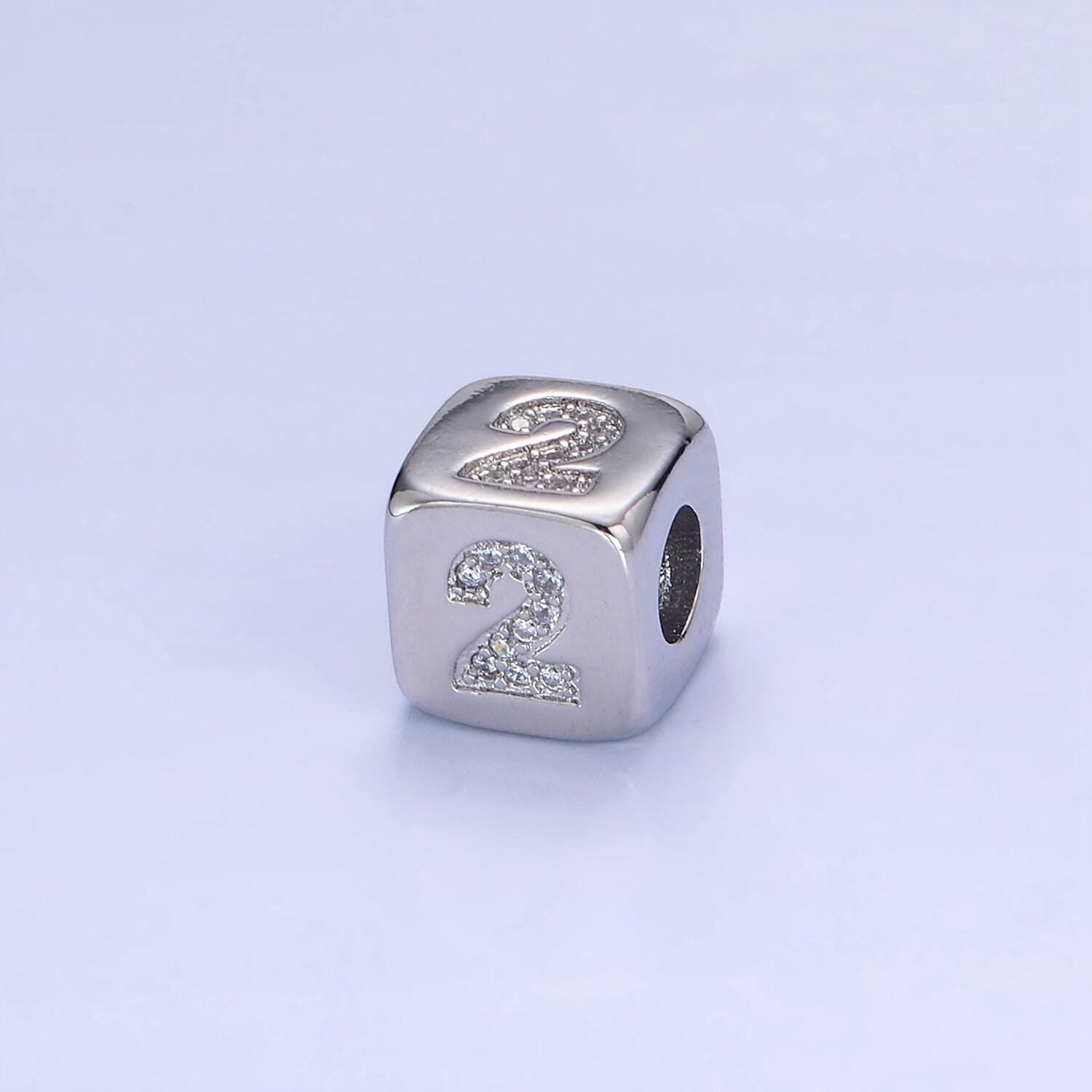 9mm silver initial number beads, 1,2,3,4,5,6,7 beads, arabic number beads micro pave dice block charm for bracelet necklace supply 0-9 year