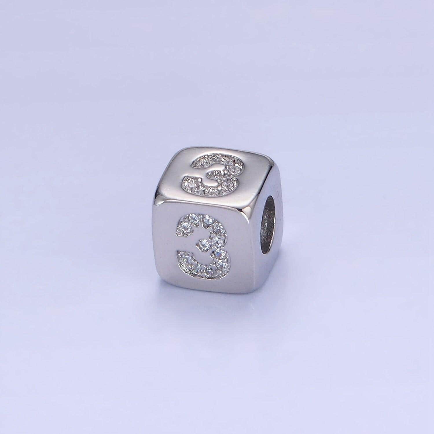 9mm silver initial number beads, 1,2,3,4,5,6,7 beads, arabic number beads micro pave dice block charm for bracelet necklace supply 0-9 year