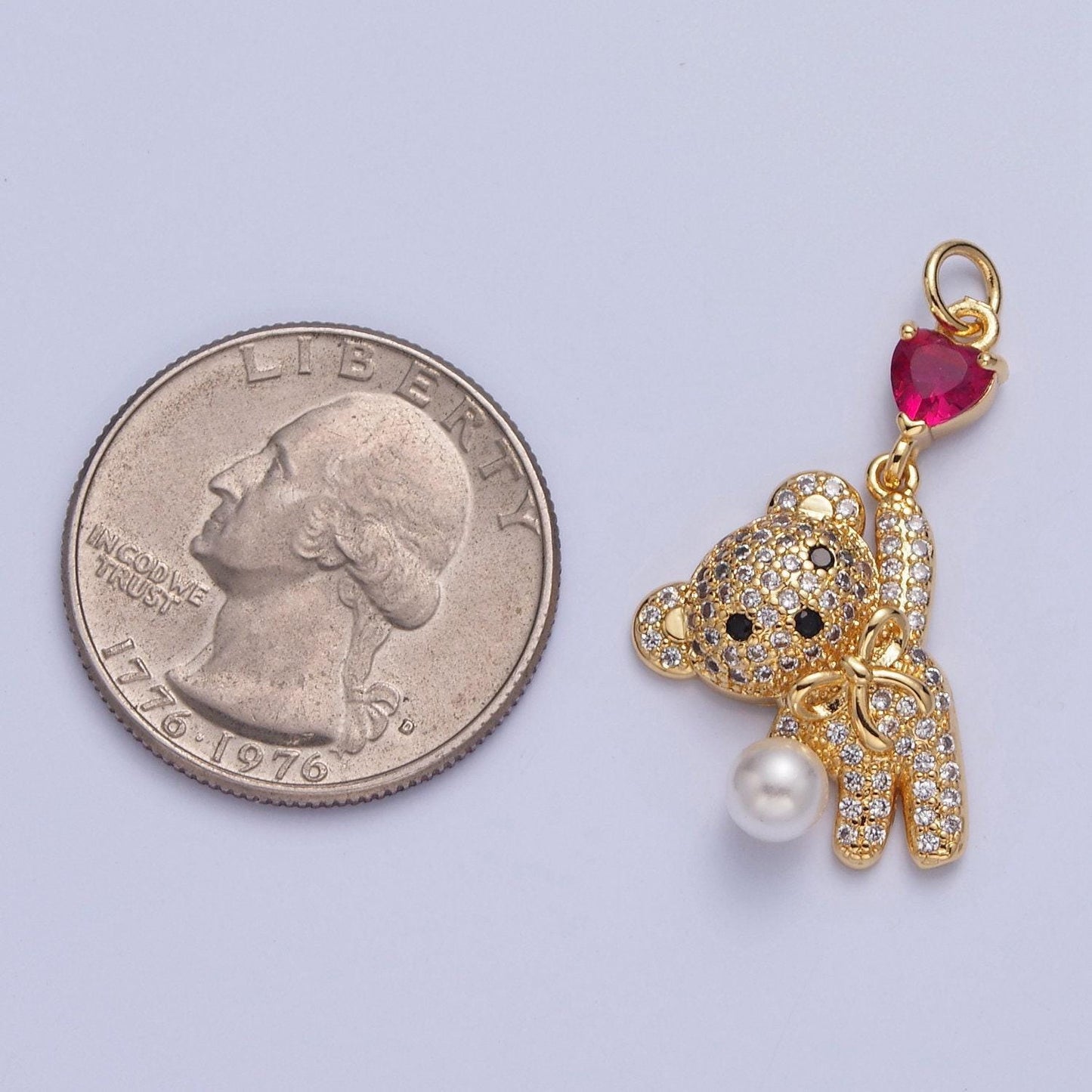 24k gold filled cute teddy bear charm, deep pink heart & white pearl cubic pendant, dainty jewelry pendants necklace bracelet charm | w-289