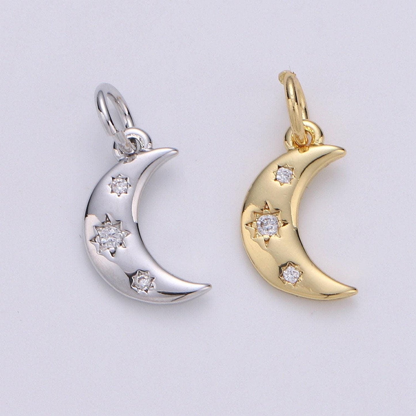 Gold  crescent moon charm cz micro pave, crescent moon pendant, crescent moon bracelet, cubic zirconia charm silver crescent charm,d-132-133