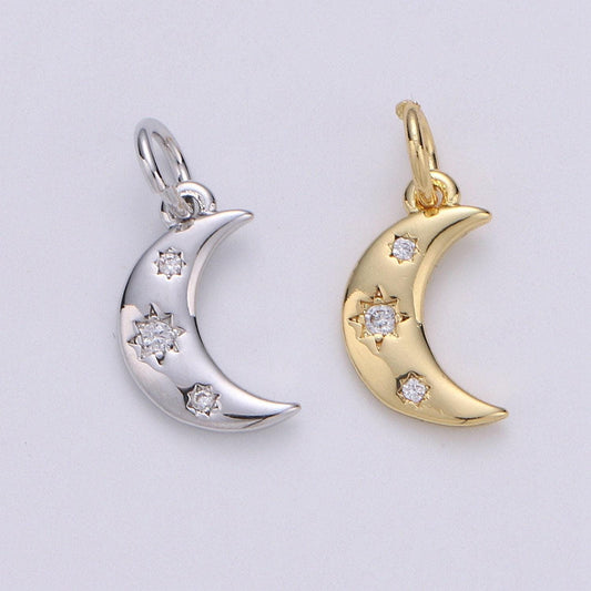 Gold  crescent moon charm cz micro pave, crescent moon pendant, crescent moon bracelet, cubic zirconia charm silver crescent charm,d-132-133