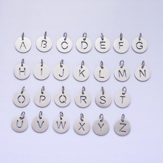 Small stainless steel round initial alphabet personalized mini add-on charm in silver tarnish free lead nickel free jewelry | a416-a428