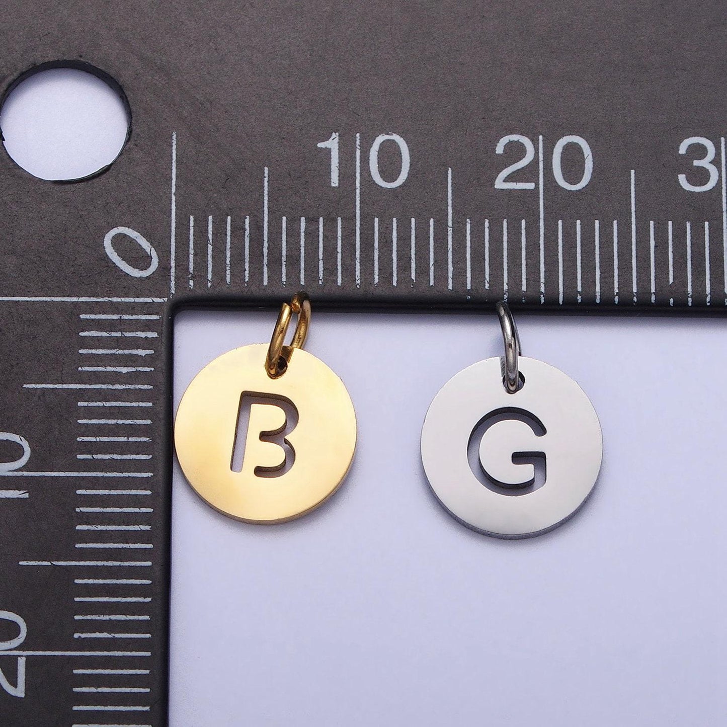 Small stainless steel round initial alphabet personalized mini add-on charm in silver tarnish free lead nickel free jewelry | a416-a428