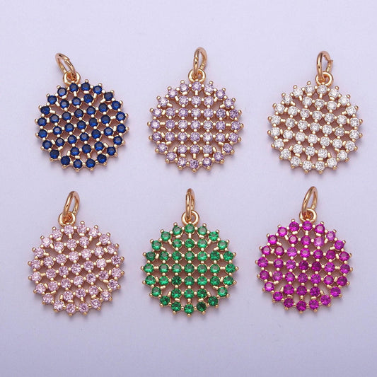 14k gold filled round colored mesh net micro pave cz stones medallion pendant, round circular statement charm for necklace | x-156~x-161