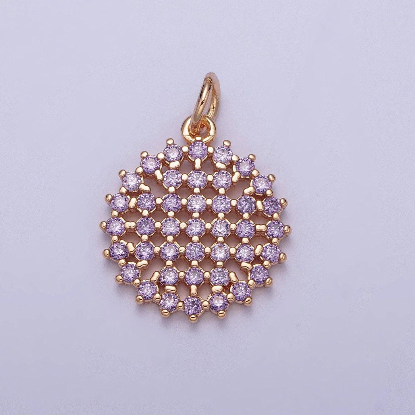 14k gold filled round colored mesh net micro pave cz stones medallion pendant, round circular statement charm for necklace | x-156~x-161