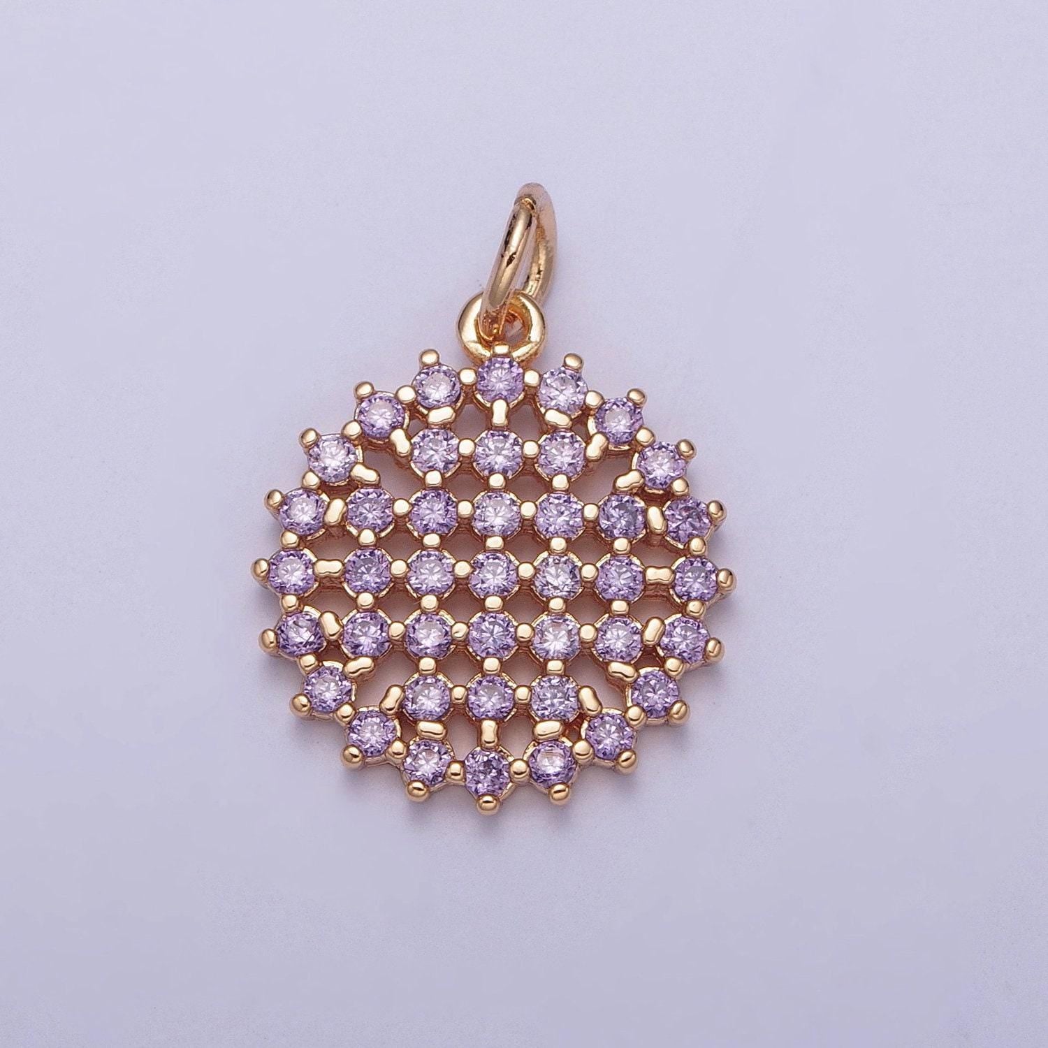 14k gold filled round colored mesh net micro pave cz stones medallion pendant, round circular statement charm for necklace | x-156~x-161