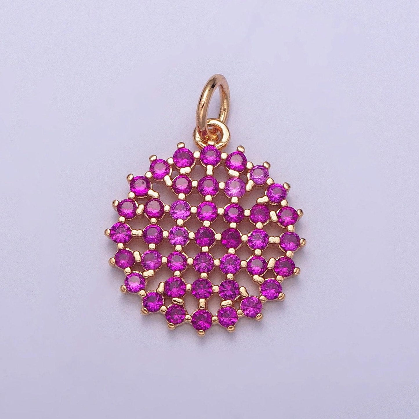 14k gold filled round colored mesh net micro pave cz stones medallion pendant, round circular statement charm for necklace | x-156~x-161