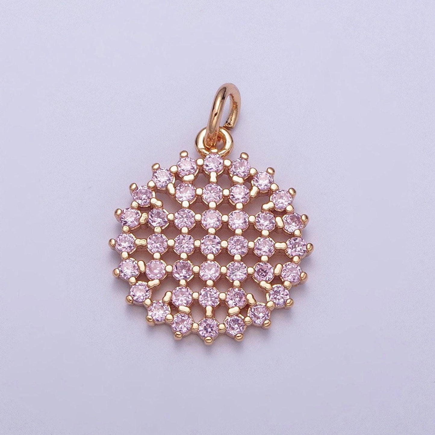 14k gold filled round colored mesh net micro pave cz stones medallion pendant, round circular statement charm for necklace | x-156~x-161