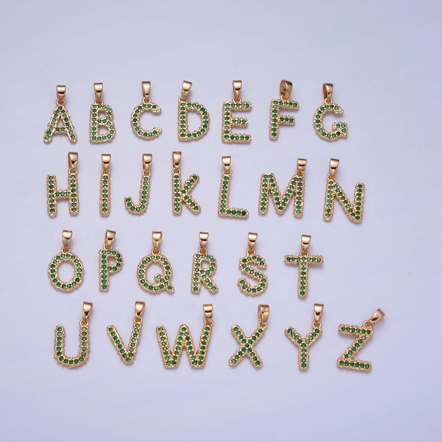 18k gold filled green emerald cz initial, micro pave cubic zirconia alphabet letter, dainty personalized pendant for jewelry making