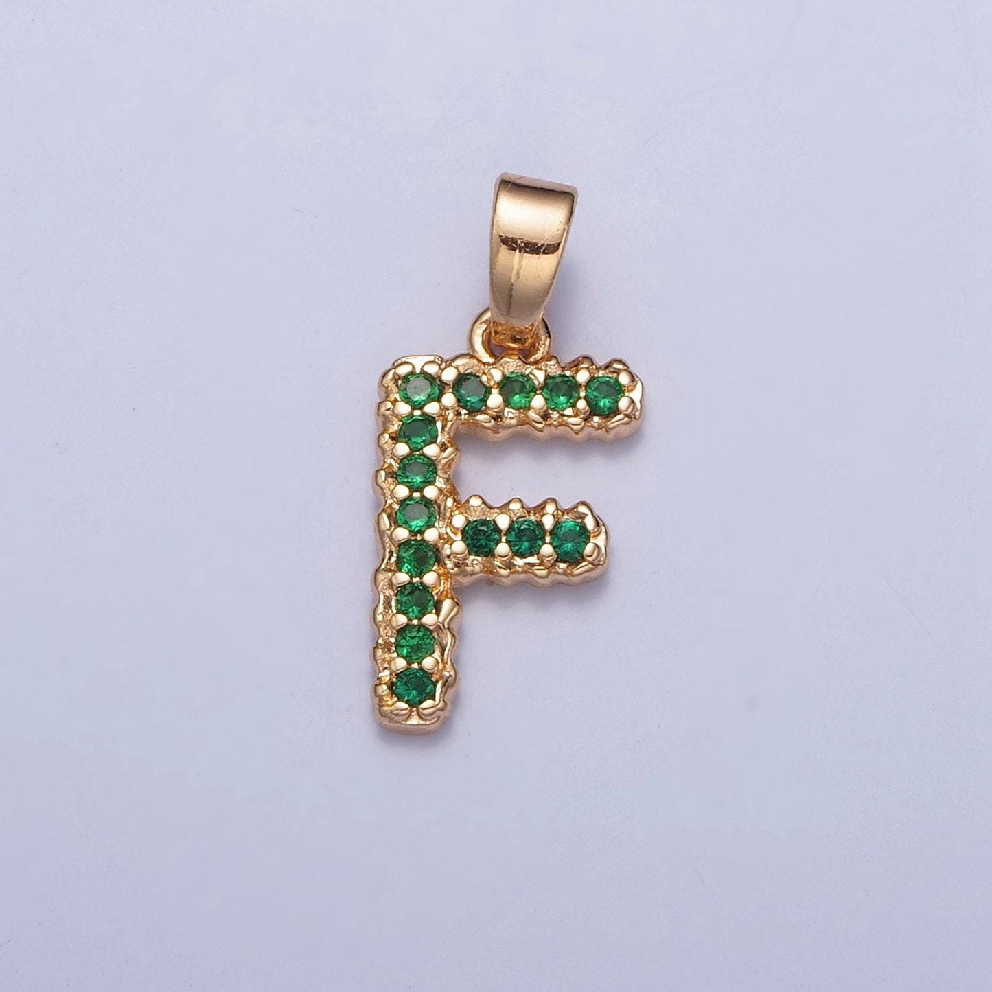 18k gold filled green emerald cz initial, micro pave cubic zirconia alphabet letter, dainty personalized pendant for jewelry making