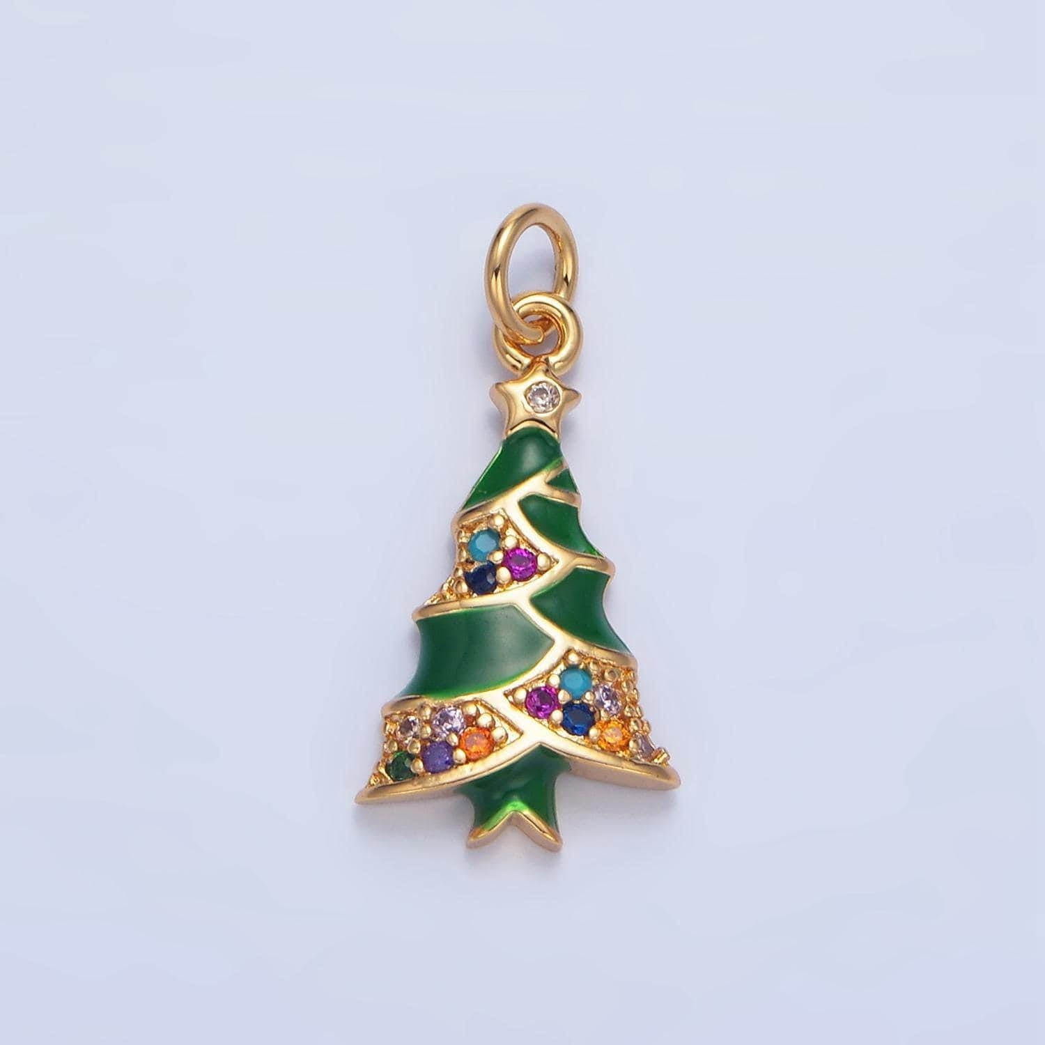 Dainty green enamel christmas tree charm micro paved cz gold filled holiday jewelry pendant inspired | x-825