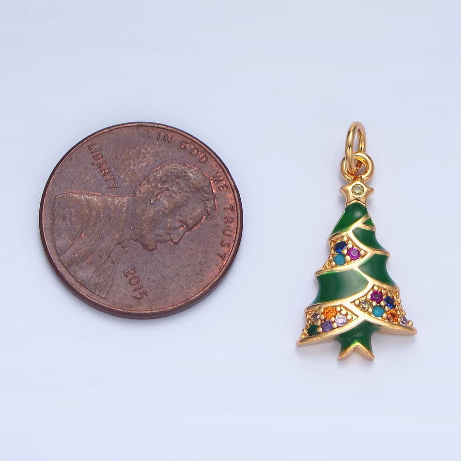 Dainty green enamel christmas tree charm micro paved cz gold filled holiday jewelry pendant inspired | x-825