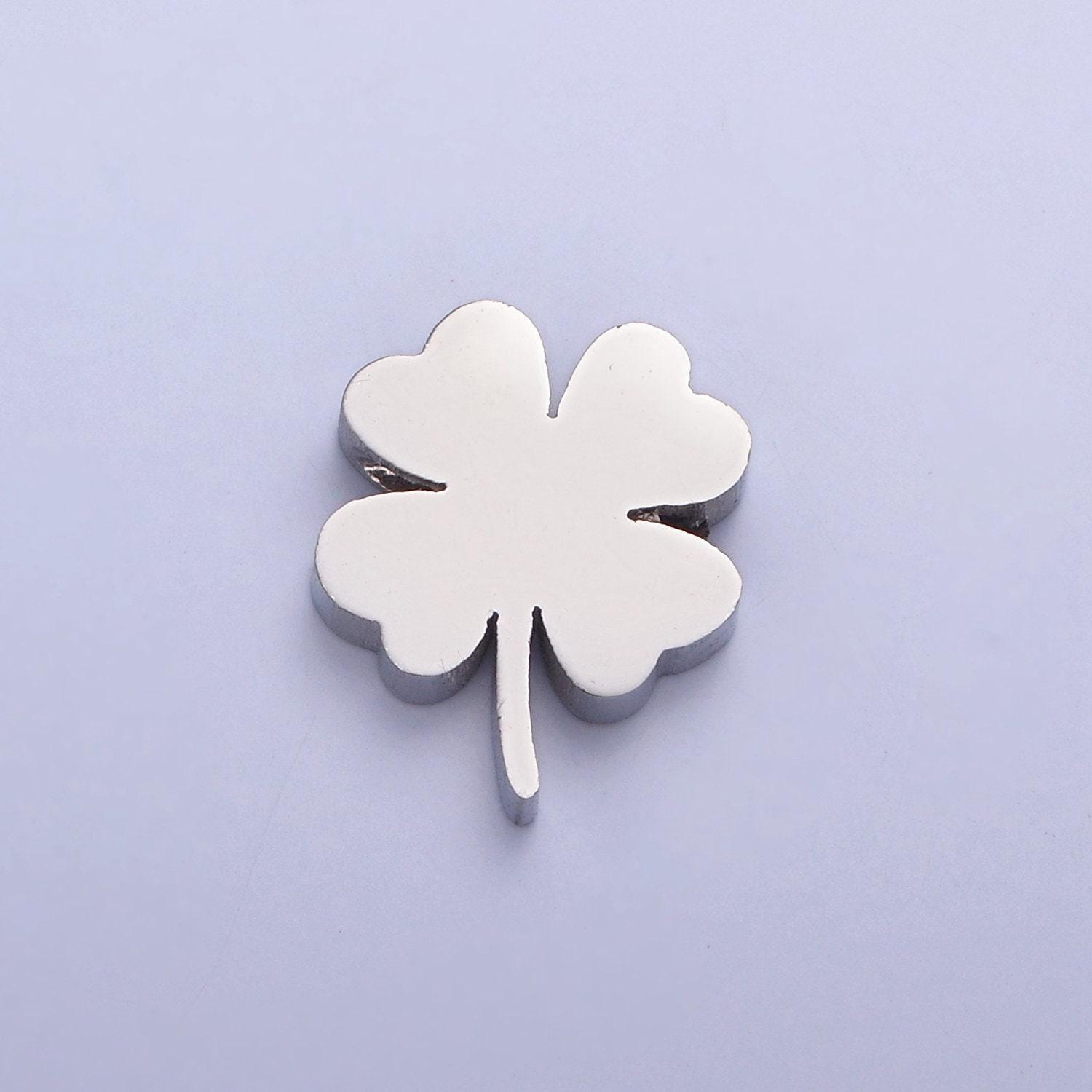 Gold, silver stainless steel dainty four-leaf clover lucky charm hole spacer bead, for diy european charms beaded bracelet | w-843, w-844