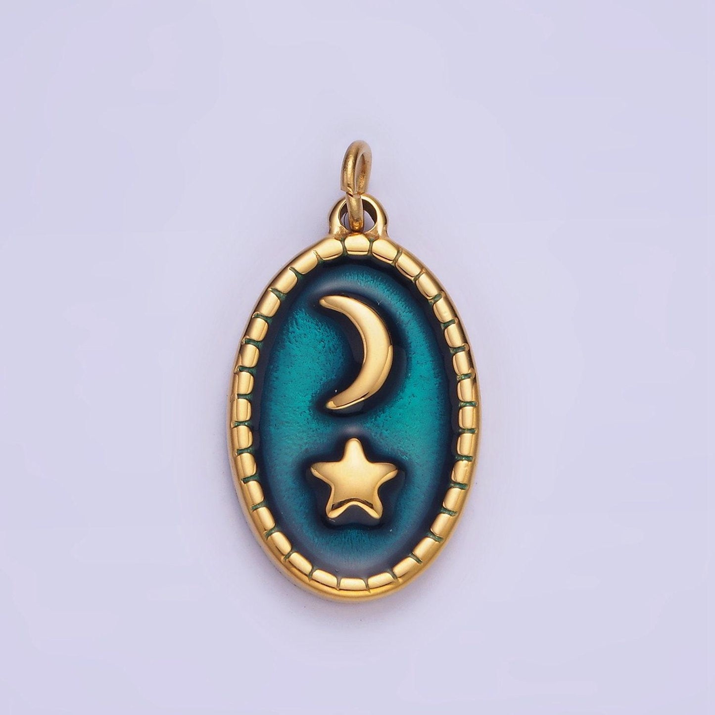 Stainless steel gold celestial pendant, star moon medallion, crescent moon pendant oval charm for necklace bracelet jewelry making supply