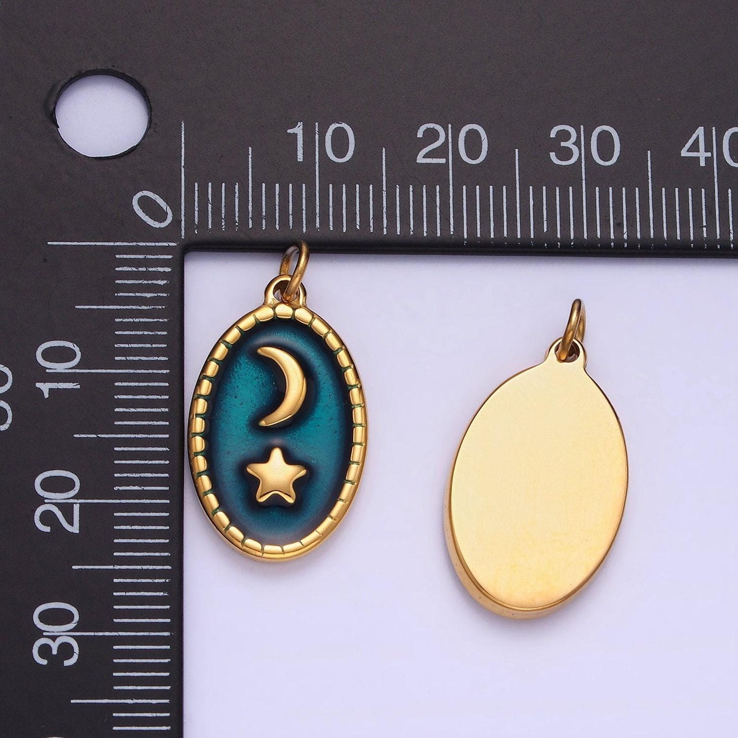 Stainless steel gold celestial pendant, star moon medallion, crescent moon pendant oval charm for necklace bracelet jewelry making supply