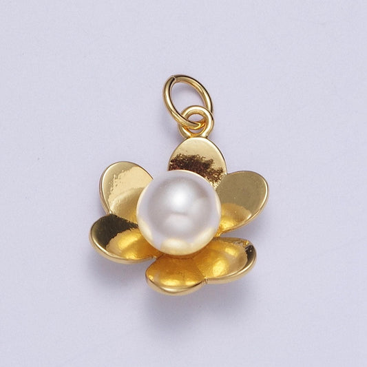 White round pearl gold thin petals blooming flower pendant, dainty 24k gold plated open white pearl florette floral charm | ag129
