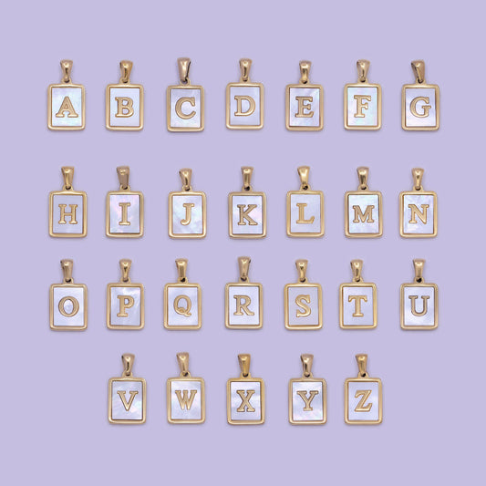 Mother of pearl letter charm gold tag alphabet charm, shell letter pendant personalized letters initial charm stainless steel tarnish free