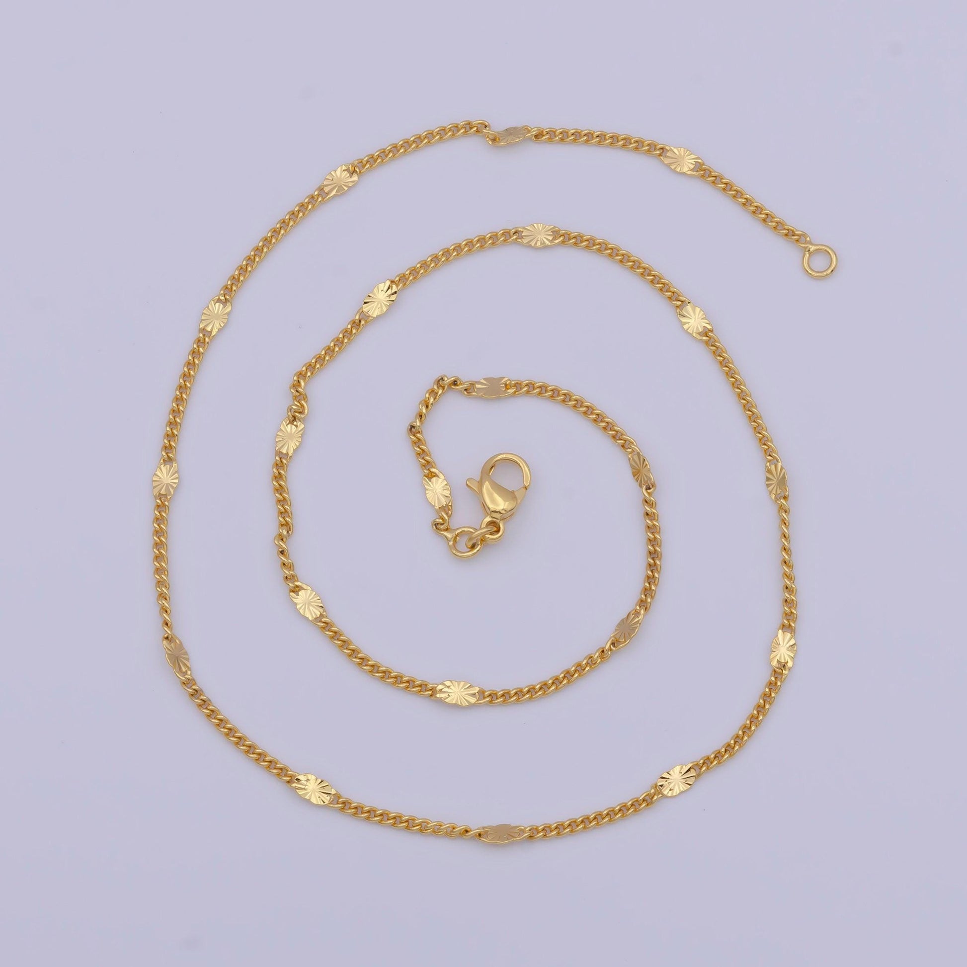 1.6mm sunburst spacers curb chain necklace, 24k gold filled 18.0"/19.6" curb link necklace w. sunburst patterned spacers | wa-1127, wa-1128