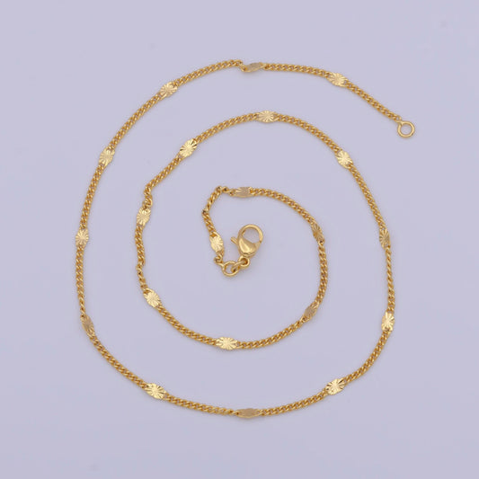 1.6mm sunburst spacers curb chain necklace, 24k gold filled 18.0"/19.6" curb link necklace w. sunburst patterned spacers | wa-1127, wa-1128