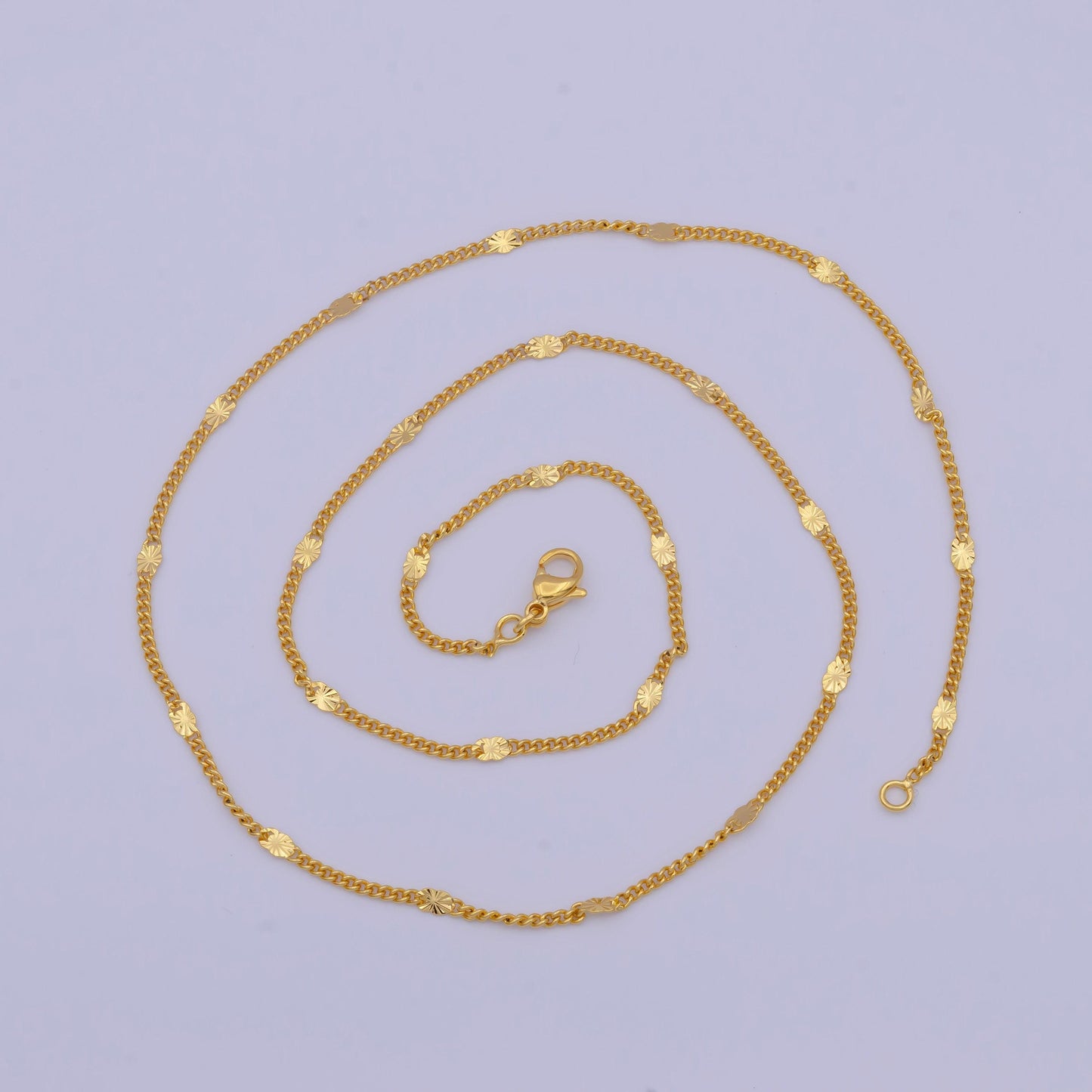 1.6mm sunburst spacers curb chain necklace, 24k gold filled 18.0"/19.6" curb link necklace w. sunburst patterned spacers | wa-1127, wa-1128