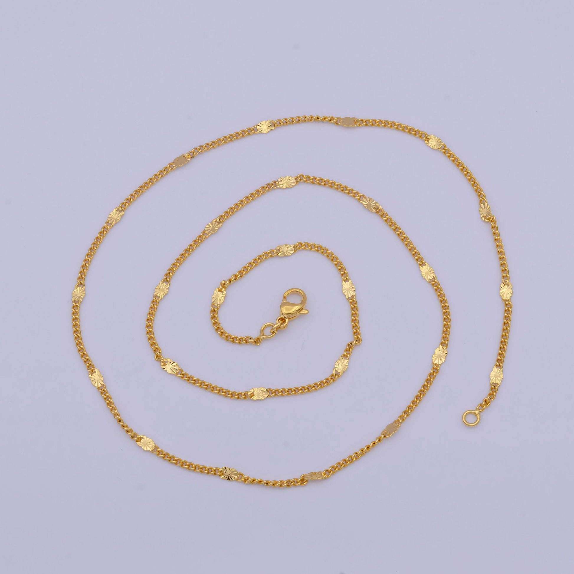 1.6mm sunburst spacers curb chain necklace, 24k gold filled 18.0"/19.6" curb link necklace w. sunburst patterned spacers | wa-1127, wa-1128