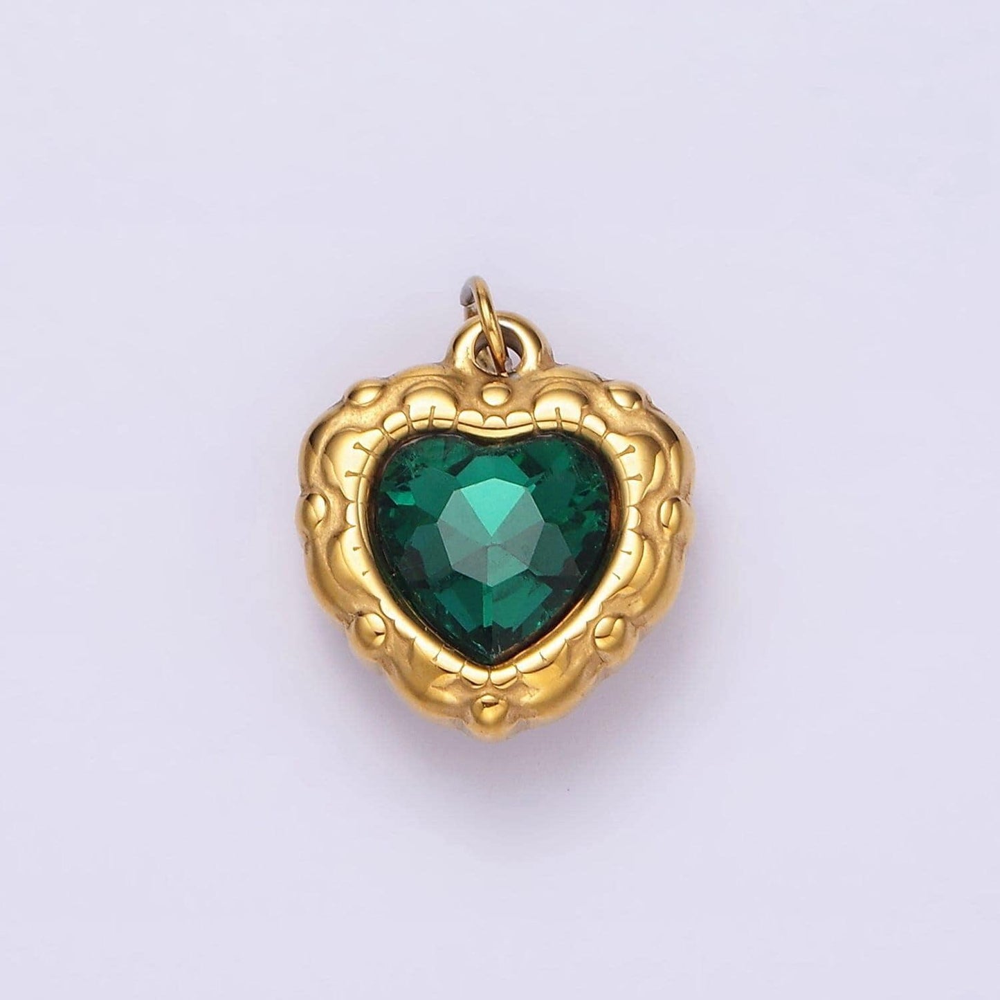 Stainless steel green cz heart artisan bezel charm | p654