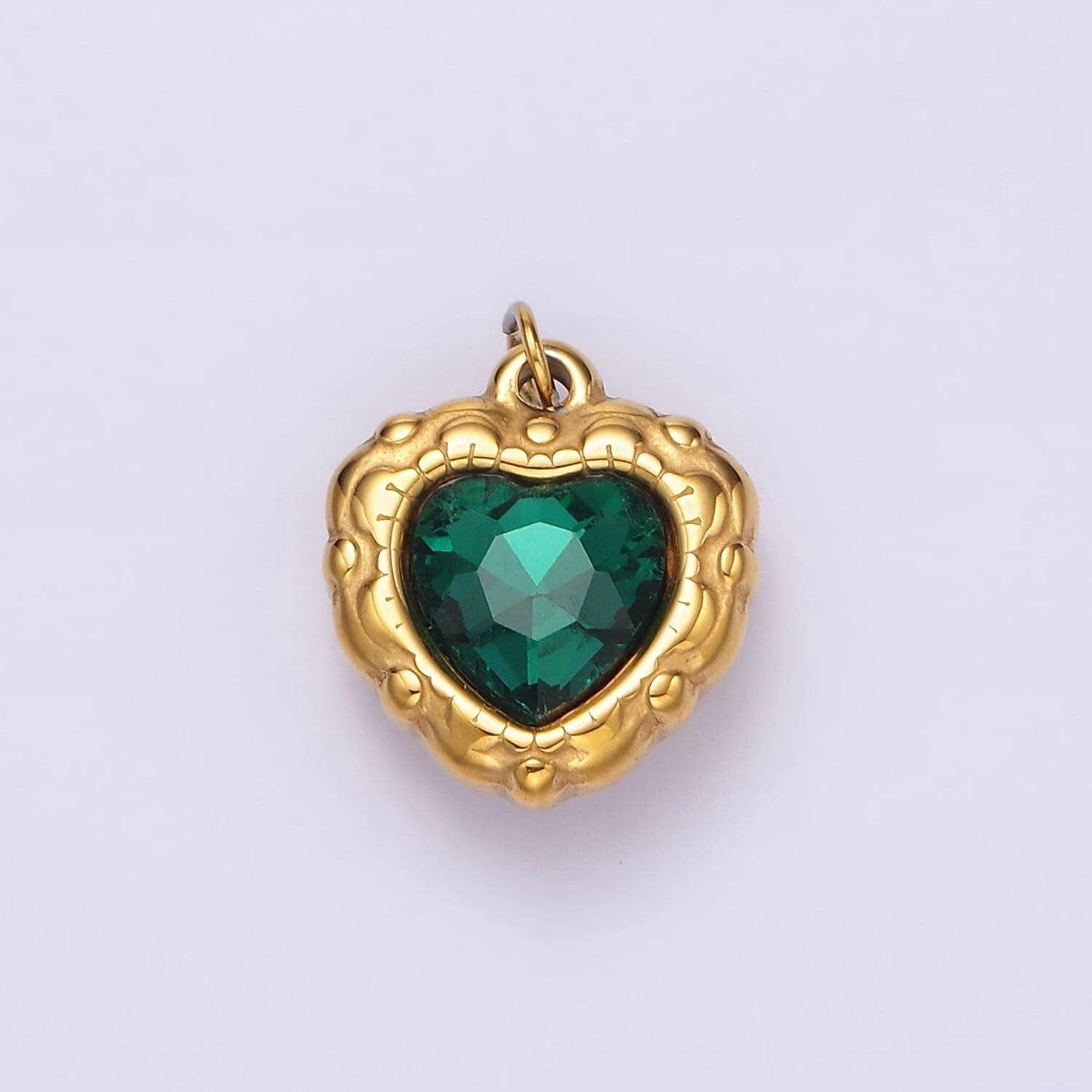 Stainless steel green cz heart artisan bezel charm | p654