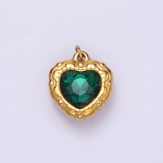Stainless steel green cz heart artisan bezel charm | p654