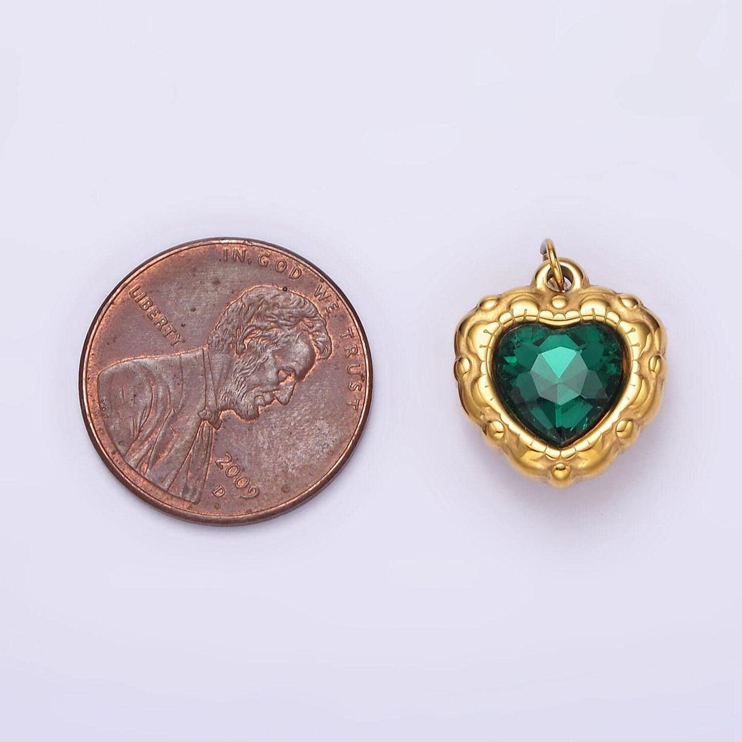 Stainless steel green cz heart artisan bezel charm | p654