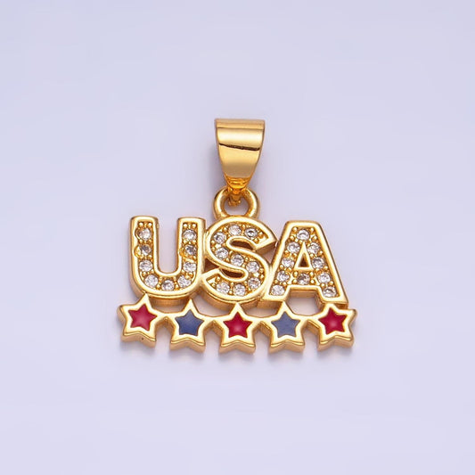 Cubic gold usa charm with star enamel united states patriotic 4th of july inspired necklace bracelet earring aa-1068