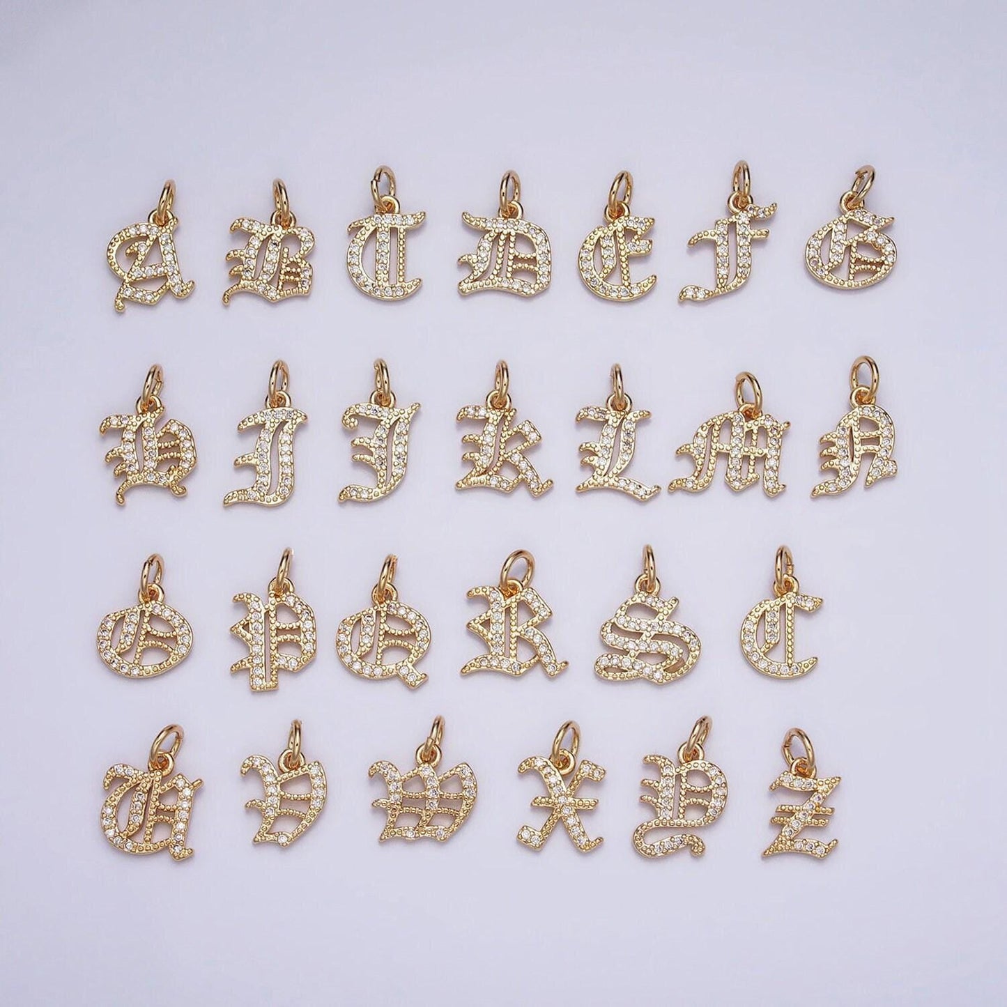 Dainty cz old english gold fill letter charms alphabet initial charms 16 k gold filled micro pave name letter