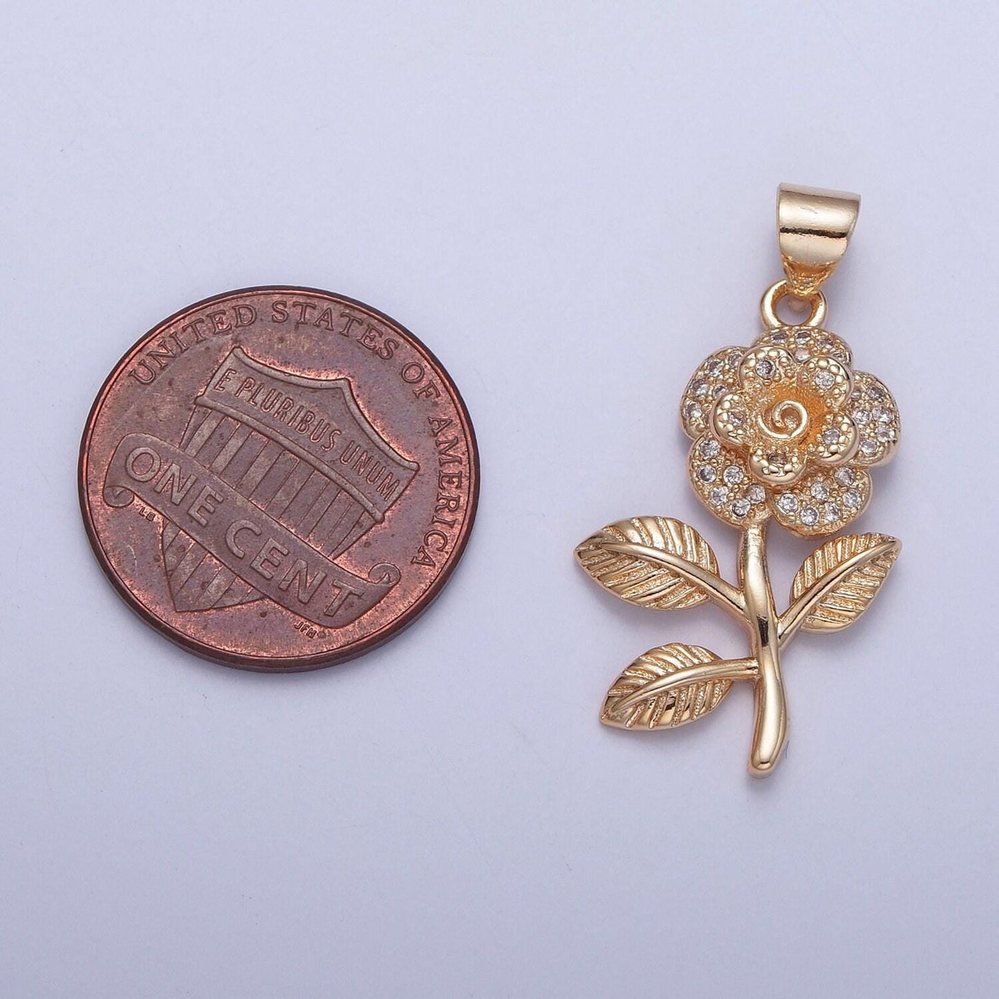 16k gold filled rose pendant micro pave cz pendant, dainty stem leaves floral flower florette gold rose charm | x-395