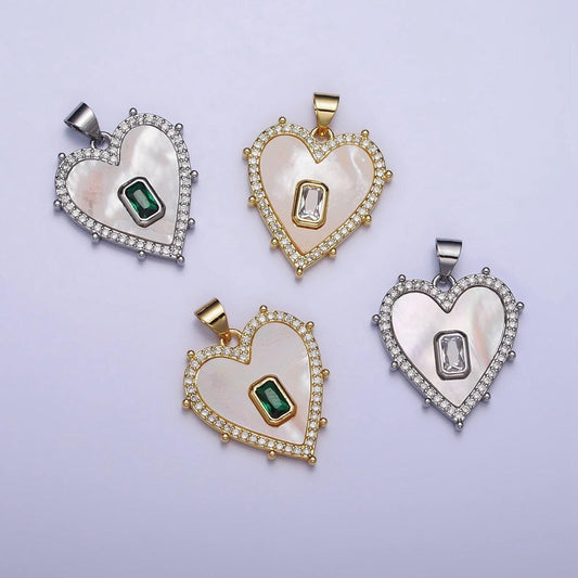 18k gold filled heart pendant silver clear, green baguette shell pearl heart micro paved dotted outline pendant | aa399 aa400, aa405, aa394